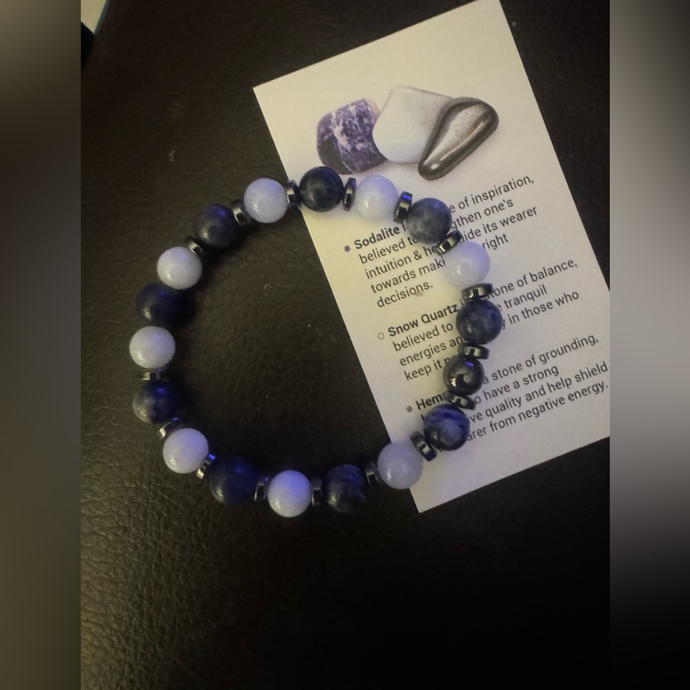 Sodalite, snow quartz & hematite gemstone bracelet NEW anti anxiety calming bala
